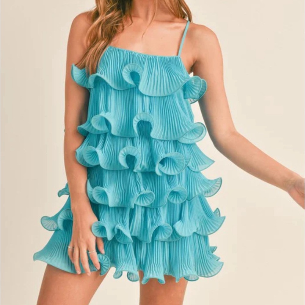 Petal and pup aqua Camilo mini dress; blue ruffle mini dress